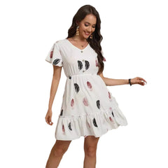 Feather Print Fashion Short Skirt Button V-neck