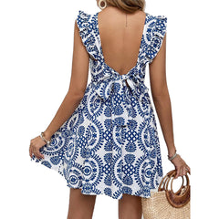 V-neck Flounce Shoulder Strap Blue Printed Dress
