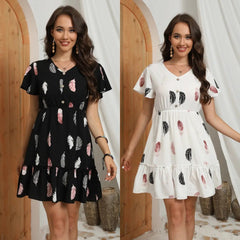 Feather Print Fashion Short Skirt Button V-neck