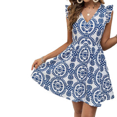 V-neck Flounce Shoulder Strap Blue Printed Dress