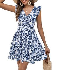 V-neck Flounce Shoulder Strap Blue Printed Dress