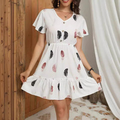 Feather Print Fashion Short Skirt Button V-neck