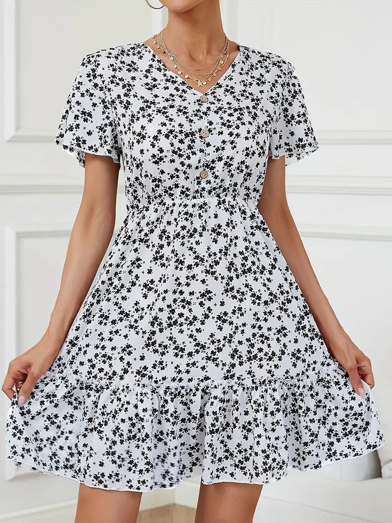 Feather Print Fashion Short Skirt Button V-neck