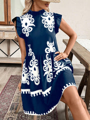 Holidaya Printed Ruffle Collar Flare Sleeve Loose Cake Dress