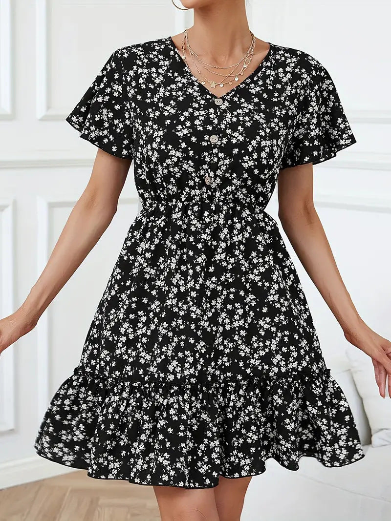 Feather Print Fashion Short Skirt Button V-neck