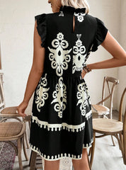 Holidaya Printed Ruffle Collar Flare Sleeve Loose Cake Dress