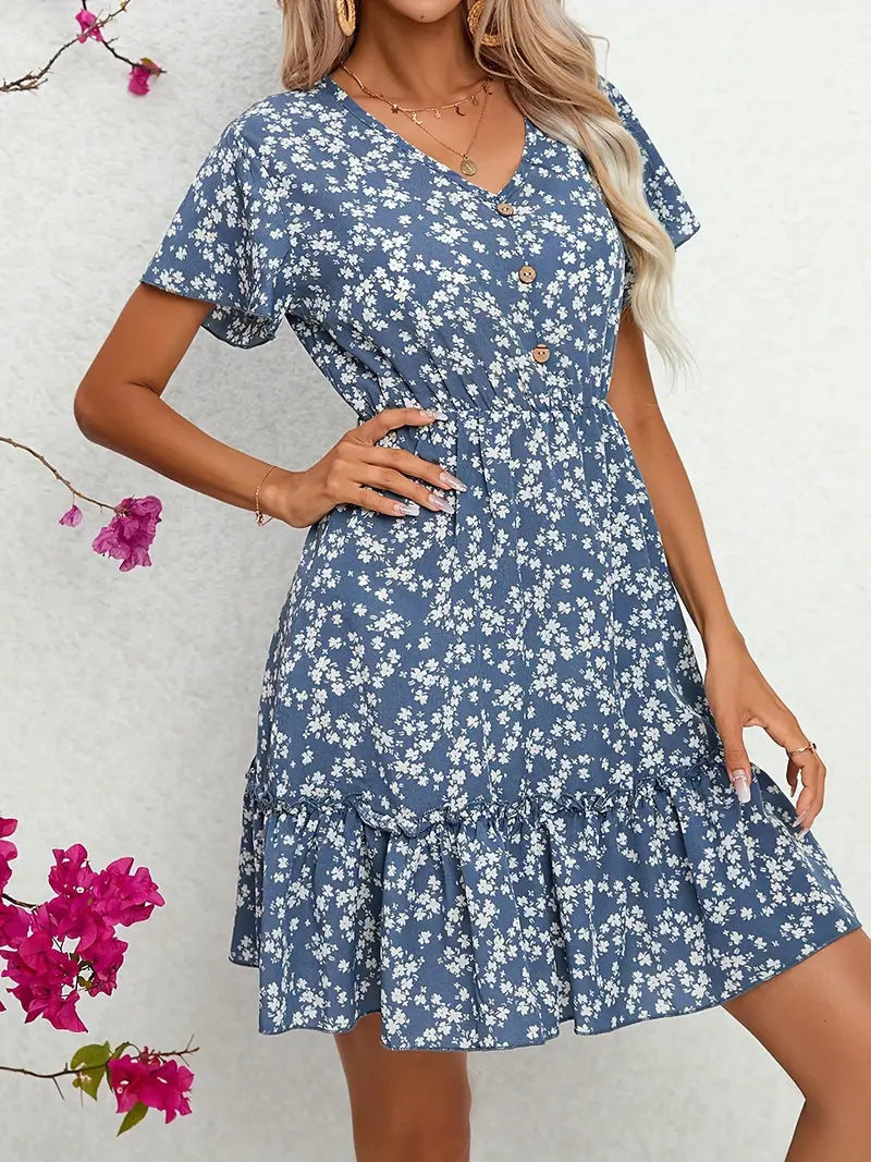 Feather Print Fashion Short Skirt Button V-neck