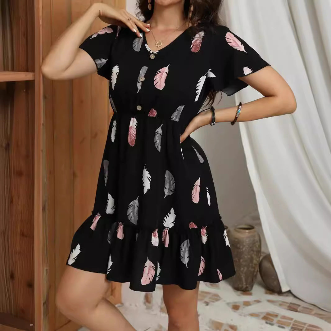 Feather Print Fashion Short Skirt Button V-neck